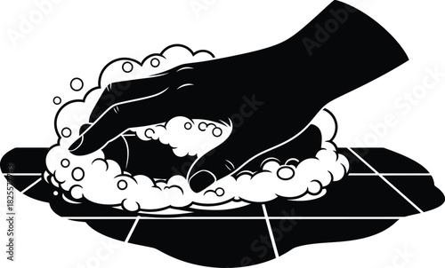 Hand washing dish with soap, bubbles, and water for cleanliness