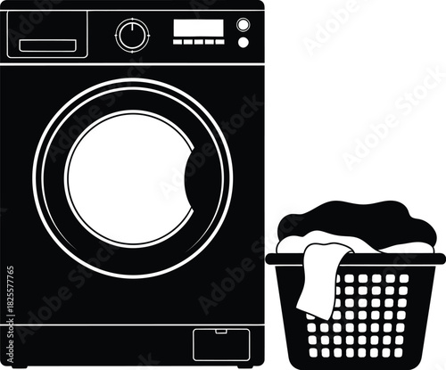 Black washing machine with laundry basket for cleaning, and washing