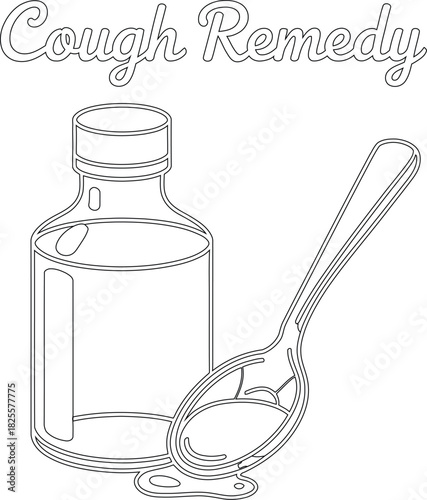 Cough Remedy Coloring Page Outlined Syrup Bottle with Spoon for Printable Activity and Education
