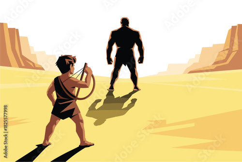 David vs. Goliath Illustration: Underdog, Challenge, Power, and Courage in a Stark Desert Landscape with Two Figures Facing Off