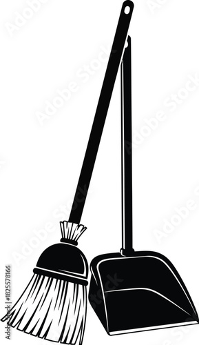 Black broom and dustpan, cleaning equipment, household chores