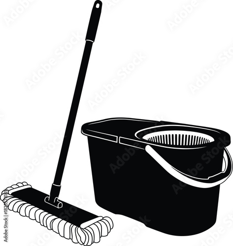 Black mop and bucket for cleaning, hygiene, and household chores