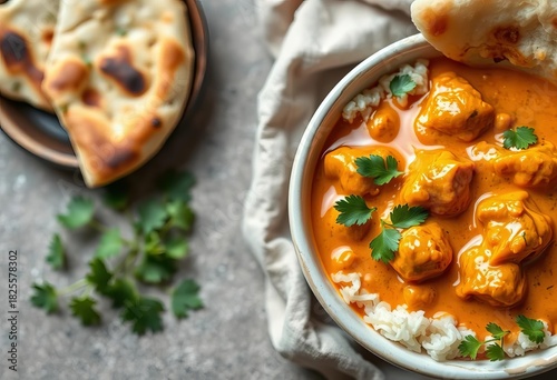 Creamy, orange butter chicken curry in a bowl with naan bread,  dinner,   mild
