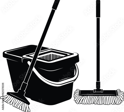 black mop and bucket cleaning tools clip art preview