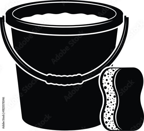 Black bucket with water and sponge, cleaning supplies, housework