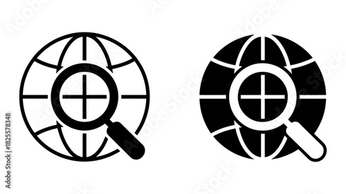 Global search icon set, featuring a magnifying glass over a world globe, symbolizing worldwide information retrieval, web exploration, and internet research, isolated for digital design.