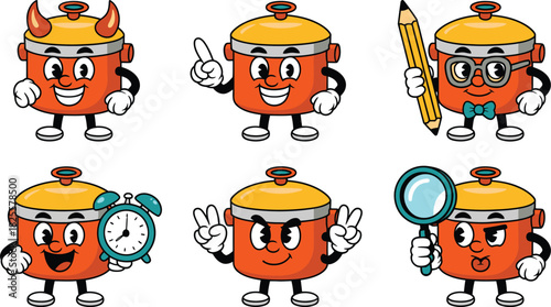 Diverse Cartoon Cooking Pot Characters Devilish, Pointing, Scholar, Timely, PeaceSign, and Detective