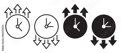 Time management concept with clock icons and arrows illustrating speed up and slow down, representing efficiency, productivity, and delay.