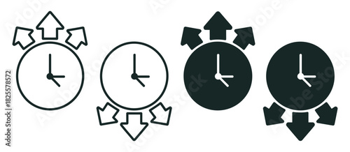Time management icon set showing clocks with arrows indicating speed increase and decrease, representing efficiency, productivity, and optimization concepts.