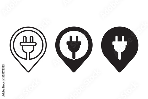 Electric vehicle charging station location pin icon set, featuring outline, solid, and inverted designs for ev charging spots and power outlets.