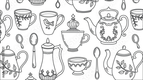 Elegant Black and White Teapot and Teacup Pattern Coloring Page Design for Adults