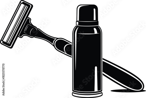 Black shaving razor and foam can, personal care and grooming products