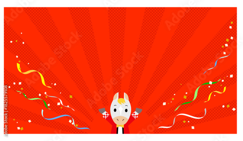 はっぴを着た白馬のサンバースト背景