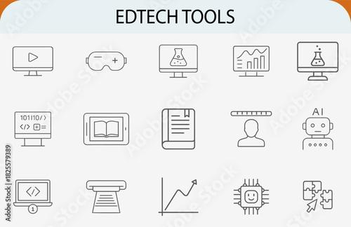 EdTech virtual reality AI coding learning line icons set