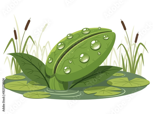 Dew drops on a lush green leaf floating on a tranquil pond surrounded by reeds and lily pads, reflecting a serene natural environment