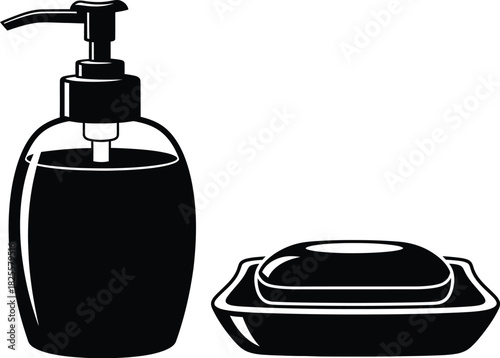 Black liquid soap dispenser with bar soap, hygiene and cleanliness