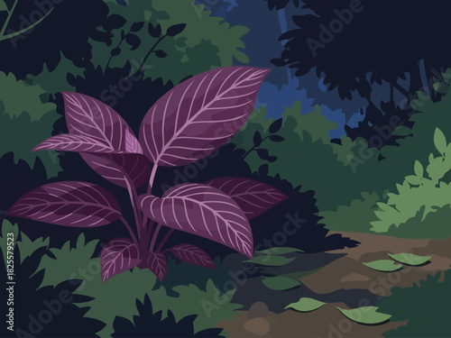 Illustration of a vibrant purple plant and a pathway in a lush, dark forest environment, art