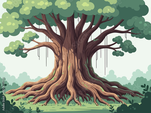 Majestic Banyan Tree with Sprawling Roots and Lush Green Canopy