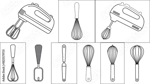 Hand Mixers and Whisks Line Art Baking Tools Outline Illustrations for Culinary Design Projects