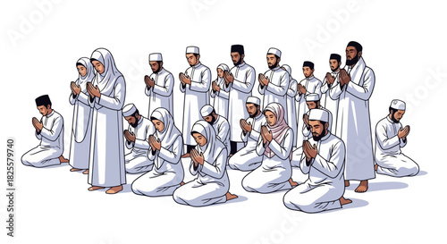 Group of Diverse Muslims in White Clothing Praying Together: Vector Illustration for Islamic Themes