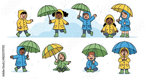 Cheerful kids enjoying rainy weather with raincoats and umbrellas vector illustration