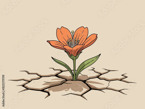 A vibrant orange flower bravely pushing through dry, cracked earth, symbolizing resilience and hope in arid conditions