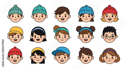Cute and Diverse Cartoon Children Faces Vector Illustration Set for Educational Materials