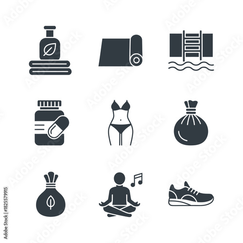 Wellness and Fitness Icons Set health yoga swimming meditation relaxation lifestyle exercise sport body mind balance spa beauty nature