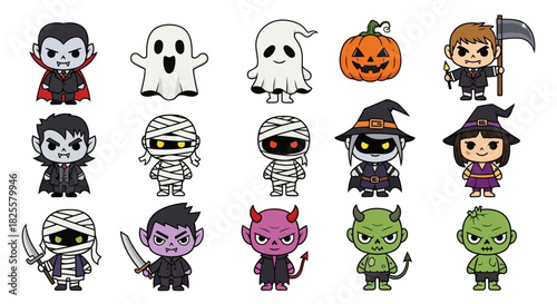Cute Cartoon Halloween Characters Vector Illustration Set for Holiday-Themed Projects