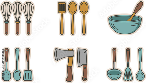 Illustrated Kitchen Tools Whisks, Spoons, Ladles, Bowls, and Cutlery on White Background