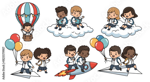 Chibi Students Embarking on Adventures: A Vector Illustration Set for Educational Designs