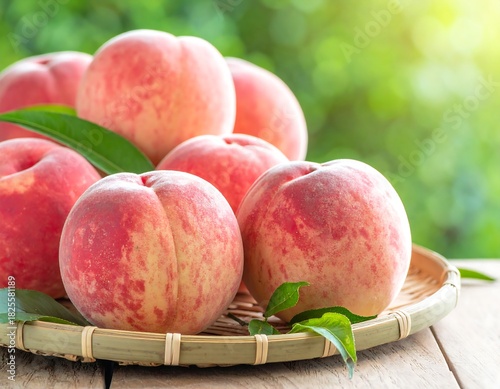 Fresh Peaches on a Woven Tray with Green Leaves.