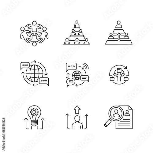Business and Management Icons Set in Line Style teamwork hierarchy communication growth global idea recruitment leader structure