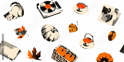 Cozy autumnal still life with cat pumpkins leaves and vinyl record player