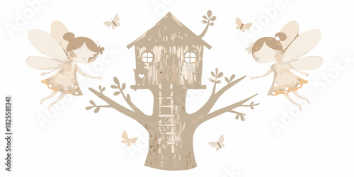 Whimsical treehouse with fairies and butterflies in neutral tones