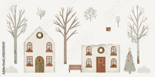 Winter village illustration with houses trees and christmas decorations