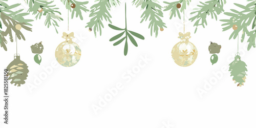 Watercolor christmas decoration banner with pine branches and ornaments on white