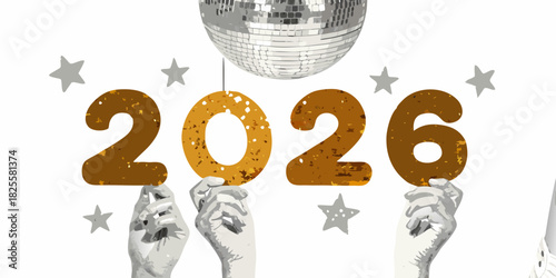 Celebrating the new year 2026 with disco ball and stars