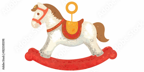 Vintage rocking horse illustration nostalgic childhood toy red and white