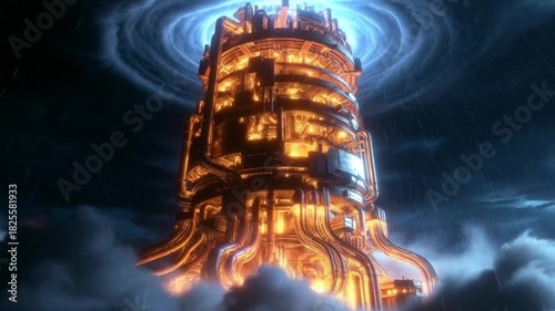 Futuristic technological tower, under powerful thunderstorms creating a visual spectacle that