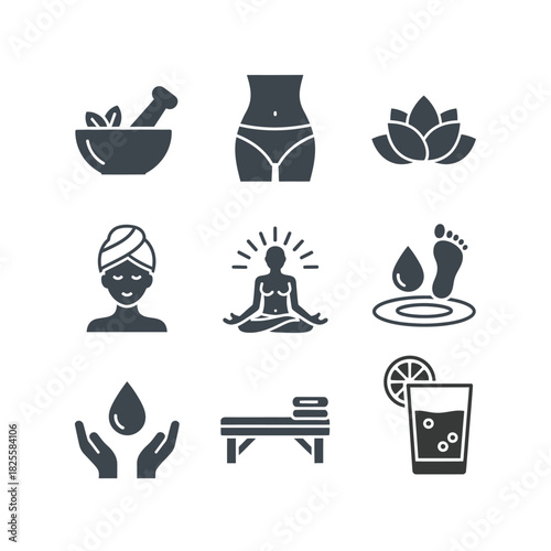 Spa and Wellness Icon Set massage yoga aromatherapy beauty health relaxation treatment body mortar pestle herbs lotus flower meditation
