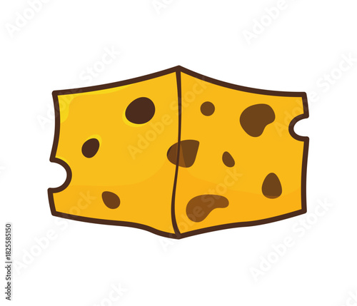 Block of yellow cartoon cheese with dark brown holes, featuring a central division line and rough edges suggesting a sliced wedge.