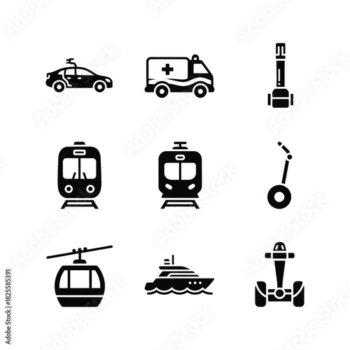 Transportation Icons Set in Black and White car ambulance train yacht vehicle travel public transport automobile emergency railway