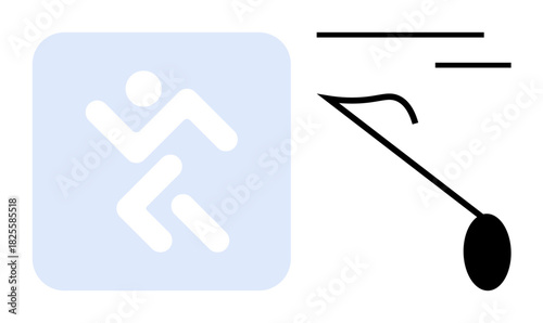 Abstract running figure inside a square paired with minimalist artistic strokes and an oval. Ideal for sport, motion, energy, fitness, agility, minimalism, creativity. Simple flat metaphor