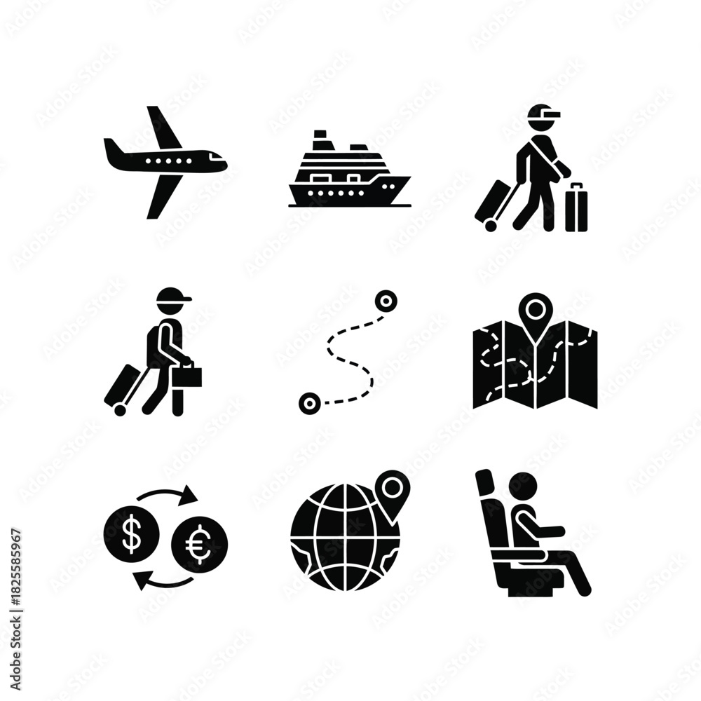 Obraz premium Travel and Tourism Icon Set plane cruise ship passenger luggage baggage route map location globe currency exchange dollar euro seat