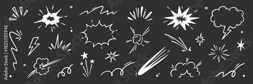 Cartoon speed effect comic line element set. Hand drawn doodle sketch boom burst, bomb smoke, explosion cloud cartoon elements. Comic speed effect, power flash, explosive shapes. Vector illustration
