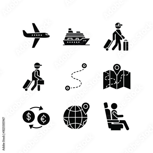 Travel and Tourism Icon Set plane cruise ship passenger luggage baggage route map location globe currency exchange dollar euro seat