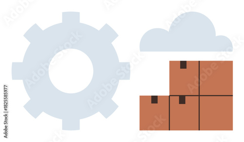 Gear, cloud, and stacked boxes symbolizing cloud logistics, shipping, automation, storage, efficiency. Ideal for digital transformation, workflow e-commerce technology organization business