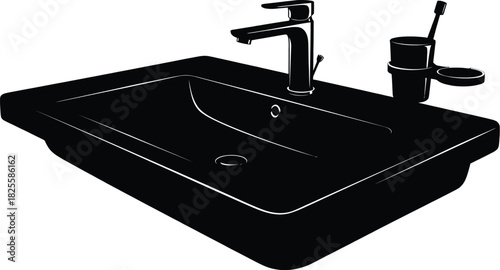 Black bathroom sink with faucet and toothbrush, hygiene and sanitation