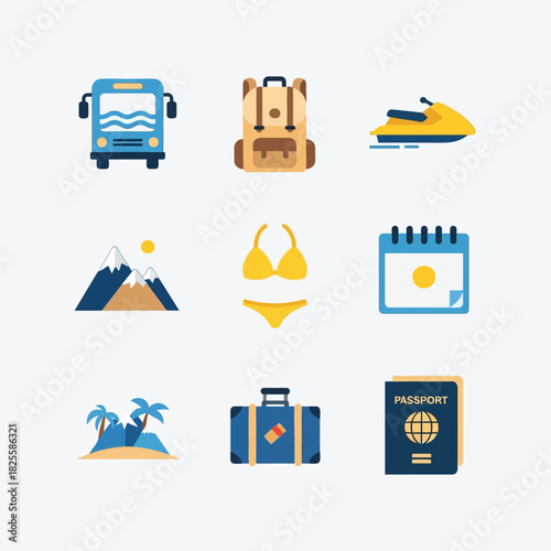 Travel and Vacation Icons Set bus backpack jet ski mountains bikini calendar island suitcase passport tourism holiday adventure journey